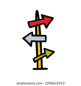 A road sign, a column with an arrow. Vector illustration of a multi-colored traffic sign indicating the direction.