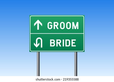 Road sign concept of Groom - Bride with up and down arrow on green background against blue sky
