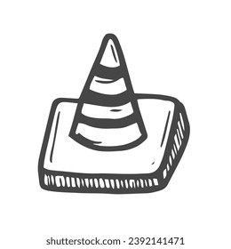 Road sign cone icon in doodle sketch lines. Danger forbidden plastic transportation