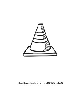 Road sign cone icon in doodle sketch lines. Danger forbidden plastic transportation