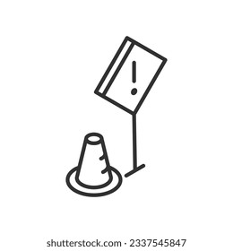 Road sign and cone, linear icon, warning. Line with editable stroke. Isometric