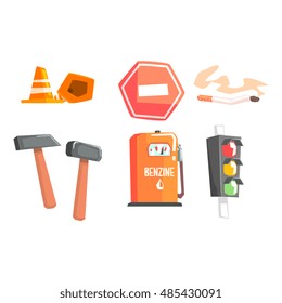 Road Sign, Cones, Hammers, Cigarette, Petrol Filling And Street Light
