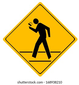 Road sign crosswalk. People crossing the road talking on the phone