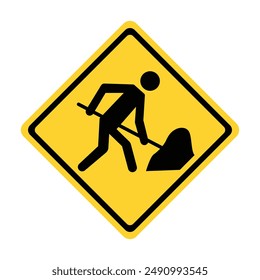 road sign depicting man working with shovel, road work, repair ahead, alert drivers and pedestrians about ongoing construction or maintenance on the road