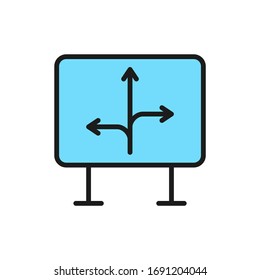 Señal de carretera con diferentes direcciones, flechas de color plano icono de línea.