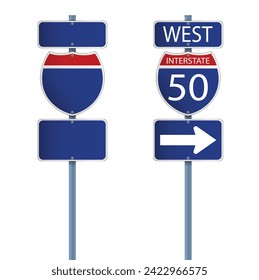 road sign directing usa. Interstate highway signs indicating upcoming exits and distances to cities along the route.