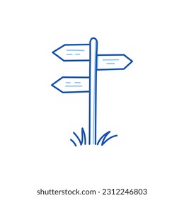 Road sign doodle. Hand drawn sketch doodle style direction road sign. Blue pen line stroke isolated element. Navigation, direction locator concept. Vector illustration.