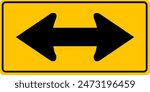 Road sign double arrow. Traffic is only allowed to move left or right. Movement directly expressly prohibited. Diamond road sign. Rhombus road sign. Warning diamond shaped yellow road sign.