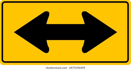 Road sign double arrow. Traffic is only allowed to move left or right. Movement directly expressly prohibited. Diamond road sign. Rhombus road sign. Warning diamond shaped yellow road sign.