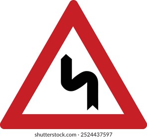 Road sign Double bend, first to the left. Information road sign. Dangerous turn with the first left turn. Vector illustration.