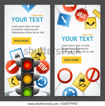 Road Sign Drive School Flyer Banner Posters Card Vertical Set Education, Training and Exam. Vector illustration