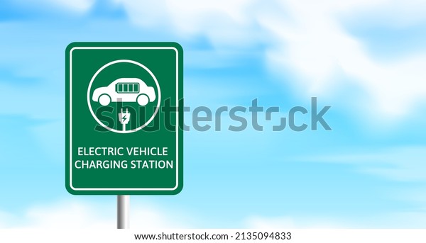 road sign electric vehicle charging station\
on sky background vector\
illustration