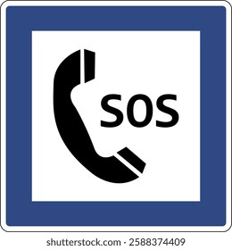 Road sign emergency telephone. Indicates the presence an emergency telephone. Used along roads and highways to indicate places where you can contact emergency services or other services. SOS.