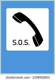 Straßenschild. Notrufnummer. SOS-Einschreibung und Telefon in einem weißen Rechteck auf blauem Hintergrund. Vektorbild.