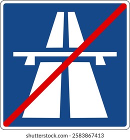 Road sign end motorway. Traffic rules on motorways cease to apply and drivers should follow the general rules for ordinary roads. Information sign.