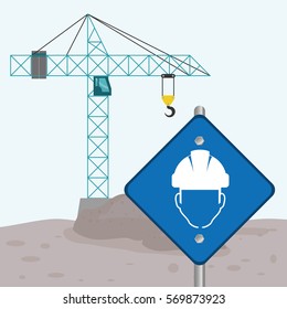 road sign faceless man crane cement under construction vector illustration eps 10