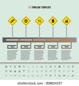 Road sign flat timeline with set of icons, vector designed template