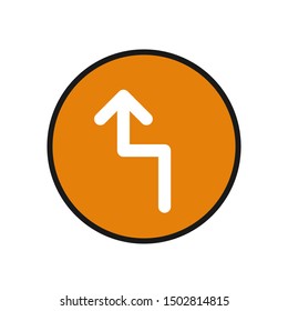 road sign in the form of an arrow in an orange circle.