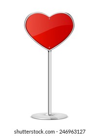 Road sign in the form of red heart on a stand, illustration.