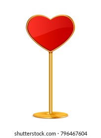 Road sign in the form of red heart on a golden stand, illustration.