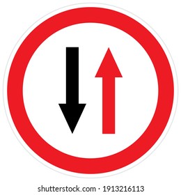 Señal de carretera que da prioridad al tráfico que viaja en una dirección, vector , marco de círculo rojo.