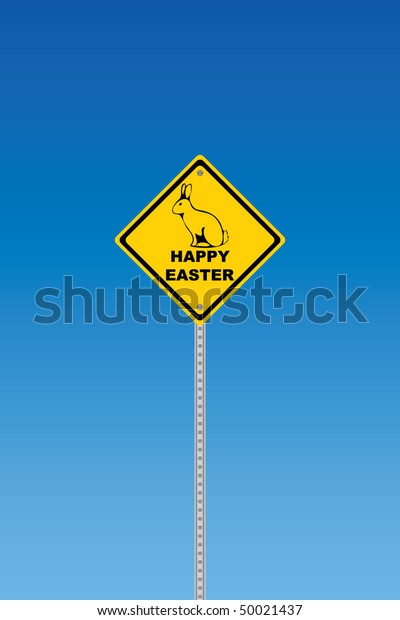 Road\
sign with happy easter text and rabbit \
silhouette