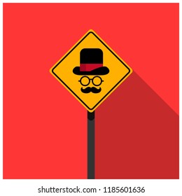 Road Sign with Hat Spectacles and Moustache Flat Vector Illustration