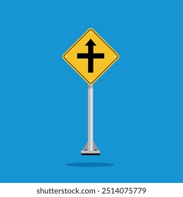 road sign icon, crossroad ahead, side roads to right and left on yellow rhombus. board.suitable for poster use and web icon