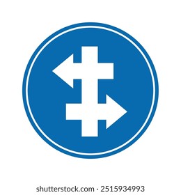 Straßenschild-Symbol, geteilte Straße auf blauem rundem Brett.geeignet für Poster-Nutzung und Web-Symbol	
