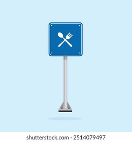 road sign icon, eating place on blue checkered board. suitable for poster use and web icon