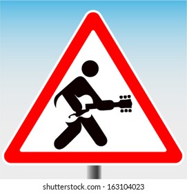 Road sign with Icon man playing guitar rock and roll