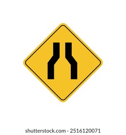 road sign icon, road narrows ahead on yellow rhombus. board.suitable for poster use and web icon