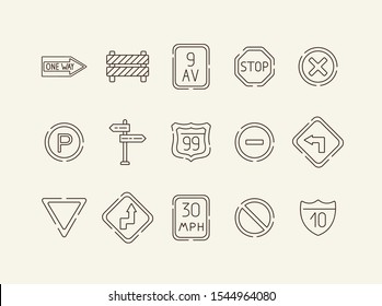 Road sign icon set. Access denied, yield ahead, reverse turn. Road sign concept. Vector illustration can be used for topics like traffic, road marking, traffic striping