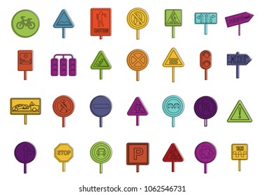 Road sign icon set. Color outline set of road sign vector icons for web design isolated on white background