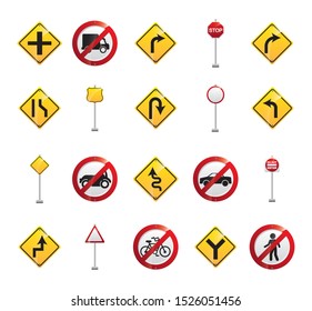 Road sign icon set design, Street warning message information way and direction theme Vector illustration