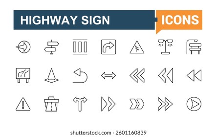 Road Sign icon set in linear style. Included navigator, direction, street, traffic, mark, sign and more. Outline icons in linear style. Traffic Sign vector icon set. Signs for web and mobile app.