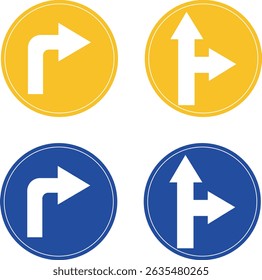 Road sign icon set.Direction of movement. Warning different road sign.Permitted directions of movement at intersections, junctions and other sections of the road.Warning sign, attention road sign.
