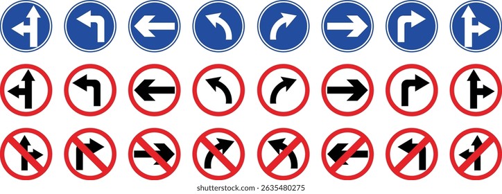 Road sign icon set.Direction of movement. Warning different road sign.Permitted directions of movement at intersections, junctions and other sections of the road.Warning sign, attention road sign.