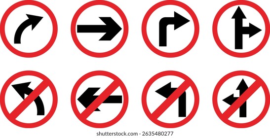 Road sign icon set.Direction of movement. Warning different road sign.Permitted directions of movement at intersections, junctions and other sections of the road.Warning sign, attention road sign.