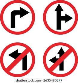 Conjunto de ícones de sinais de estrada.Direção do movimento. Aviso sinal de estrada diferente.Direções de movimento permitidas em cruzamentos, entroncamentos e outras seções da estrada.Sinal de aviso, sinal de estrada de atenção.