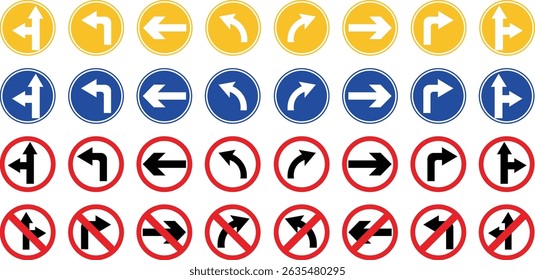 Road sign icon set.Direction of movement. Warning different road sign.Permitted directions of movement at intersections, junctions and other sections of the road.Warning sign, attention road sign.