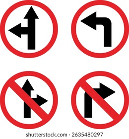 Road sign icon set.Direction of movement. Warning different road sign.Permitted directions of movement at intersections, junctions and other sections of the road.Warning sign, attention road sign.