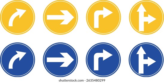Conjunto de ícones de sinais de estrada.Direção do movimento. Aviso sinal de estrada diferente.Direções de movimento permitidas em cruzamentos, entroncamentos e outras seções da estrada.Sinal de aviso, sinal de estrada de atenção.