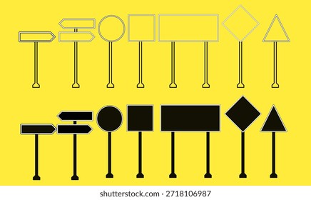 Conjunto de iconos de señales de tráfico. flechas direccionales, círculo, cuadrado, rectángulo, diamante y triángulo Iniciar sesión en blanco, delgado, línea, contorno y silueta. para tráfico, logotipo, navegación, símbolos, mapas e infografías