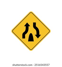 road sign icon, warning for the end of a divided road on yellow rhombus. board.suitable for poster use and web icon