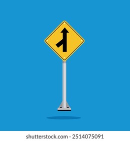 road sign icon, warning for a side road merging road on yellow rhombus. board.suitable for poster use and web icon