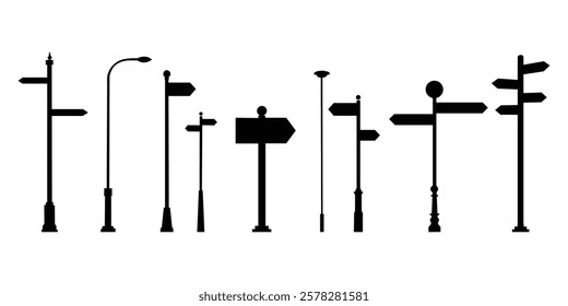 Road sign icon for your website design, logo, app, and UI. Black arrow signpost, pole pointer. Set of black road signs isolated on a white background.