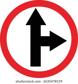 Road sign icon.Direction of movement. Warning different road sign.Permitted directions of movement at intersections, junctions and other sections of the road.Warning sign, attention road sign.