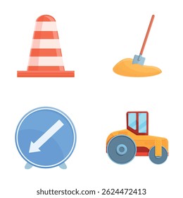 Ícones de sinais de estrada definem o vetor de desenhos animados. Equipamento e maquinaria para reparação de estradas. Sinal de aviso