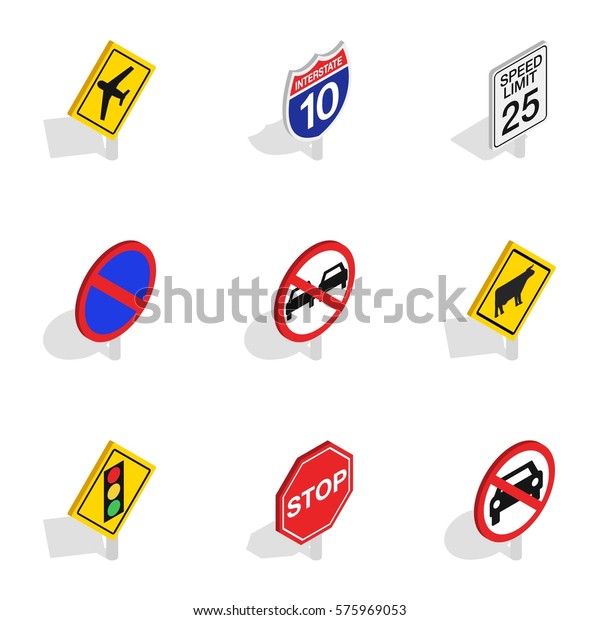 Road sign icons set. Isometric 3d\
illustration of 9 road sign vector icons for\
web